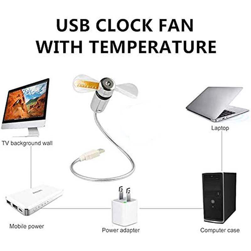 2-In-1 USB Fan With LED Clock Display Light