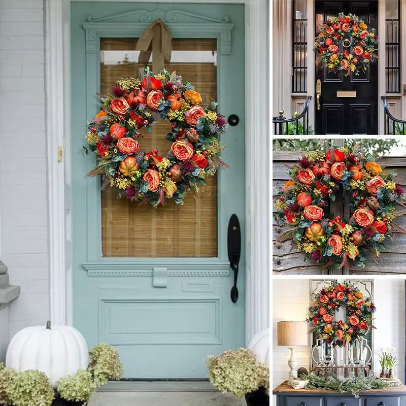 40 Cm Autumn Door Wreath with Peony Flowers and Pumpkins