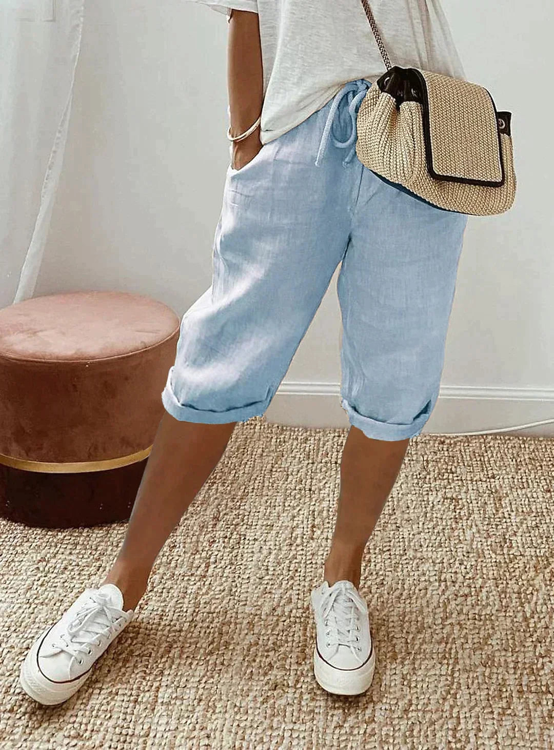Breathable Linen Drawstring Cropped Pants