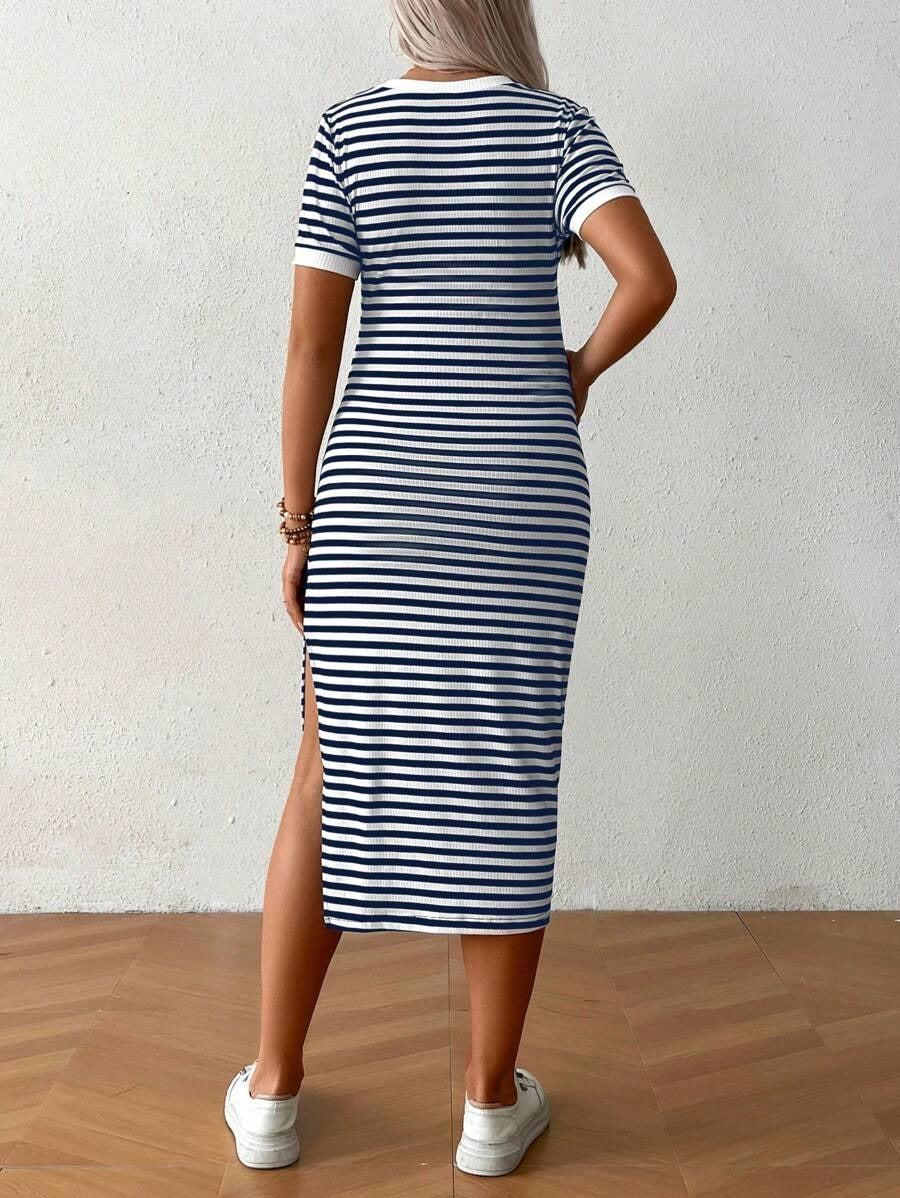 Casual Striped Maternity Dress with Split