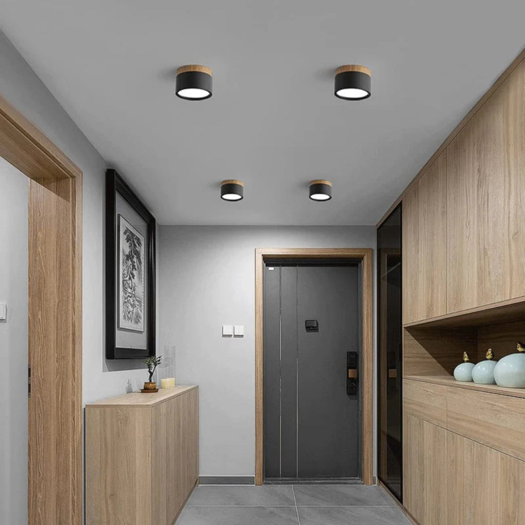 Ceiling Light - Compact LED Cylinder with Wooden Accent