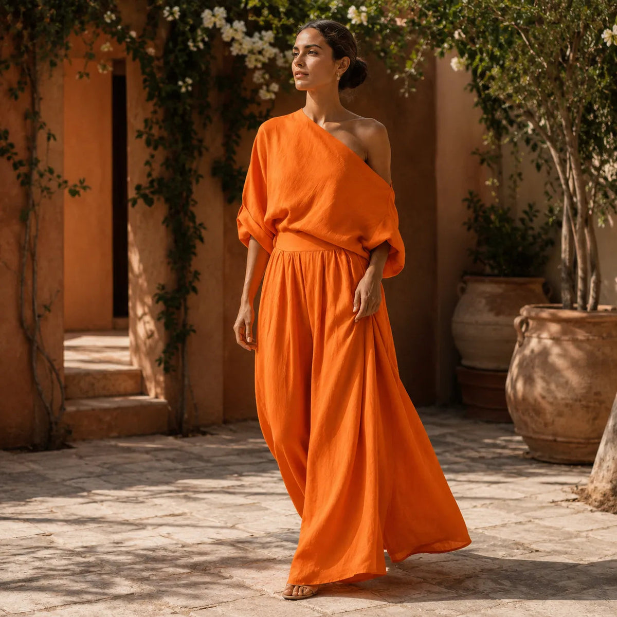Coordinated One-Shoulder Top and Flowing Wide-Leg Pants