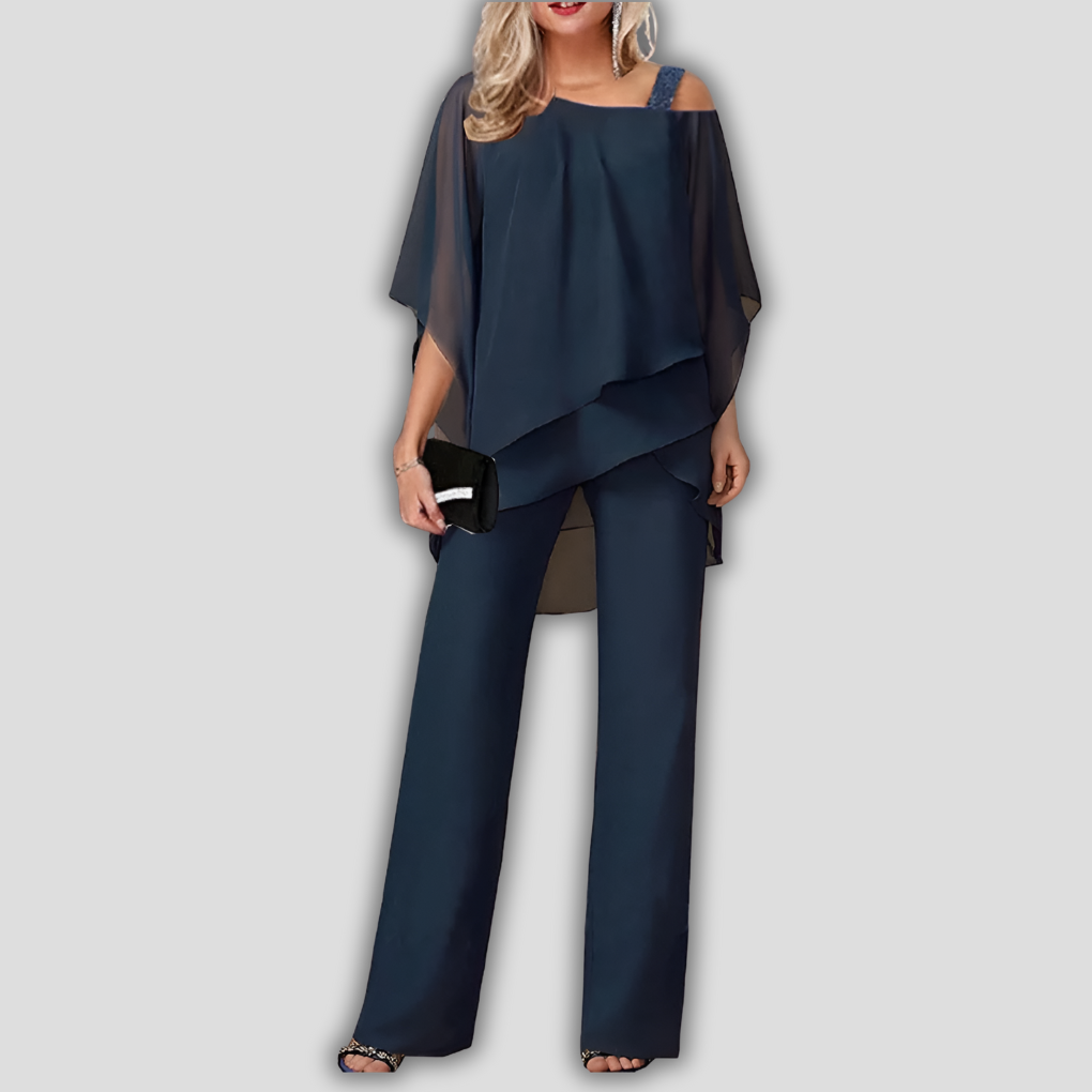 Elegant Women's 2-Piece Chiffon Set with Trousers and Layered Cape Blouse