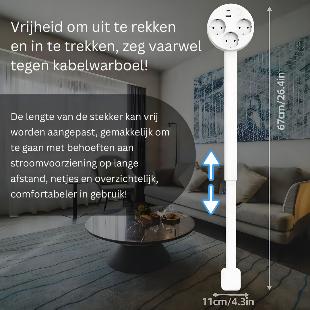 Extendable Power Socket with USB and Rotating Head, 3 Outlets, 47–67 cm, White