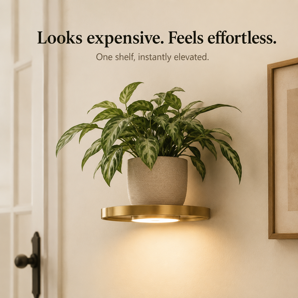 Floating LED Wall Shelf with Gold Finish and Rechargeable Ambient Light for Plants