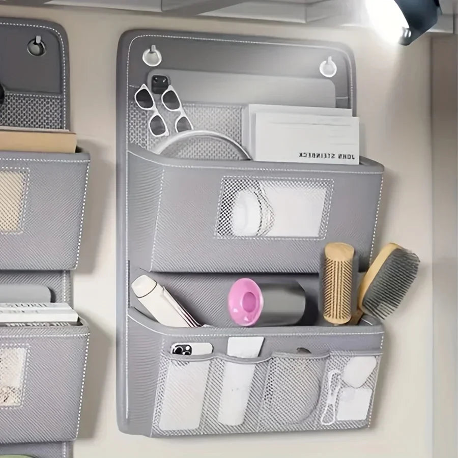 Grey Fabric Wall Hanging Storage Organizer with Windows, Hooks, and Multiple Compartments