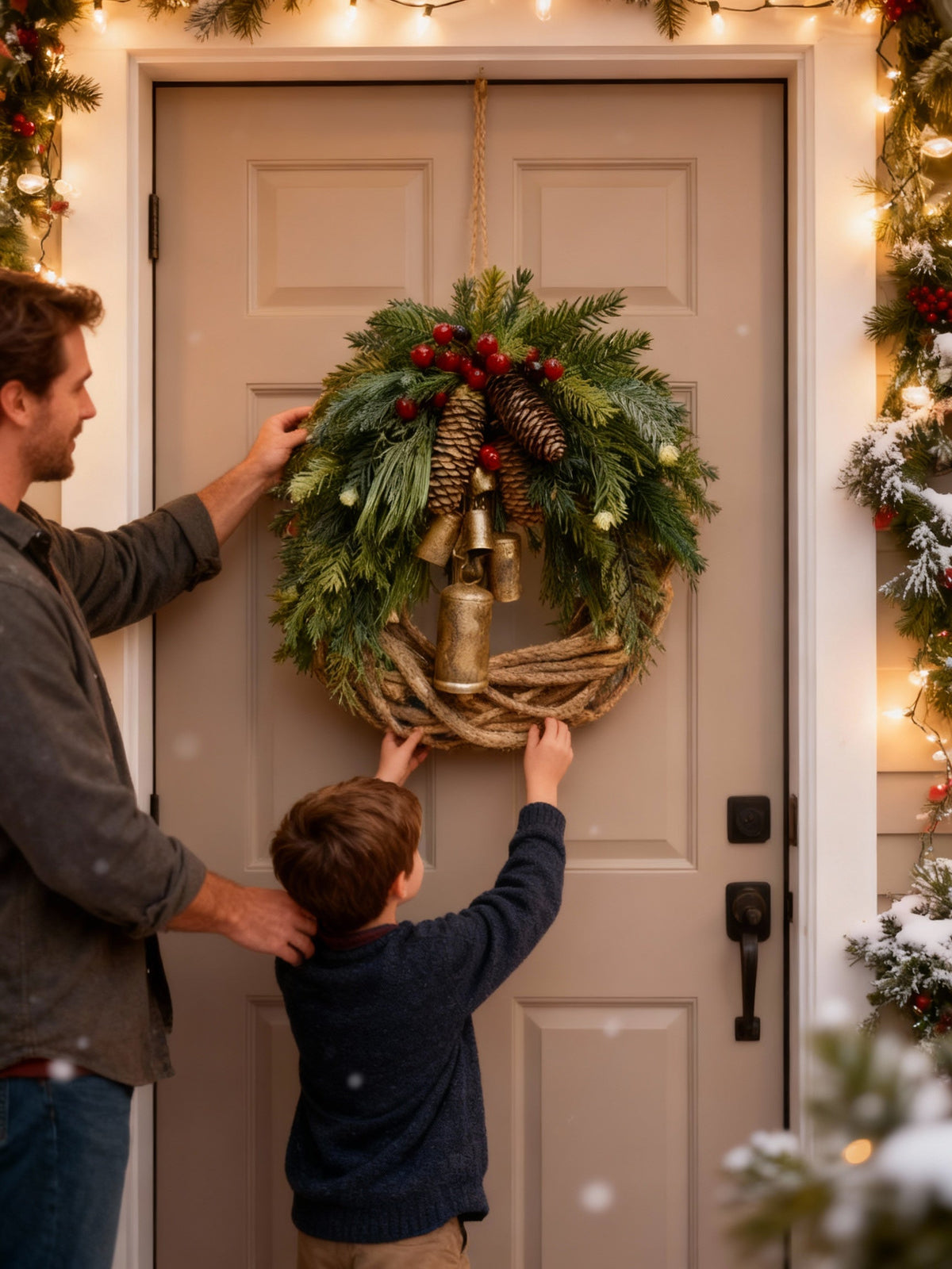 Handmade Boho Winter Wreath with Bells, Pinecones and Berries | Indoor/Outdoor