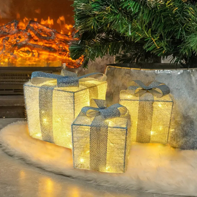 Lighted Christmas Gift Boxes, Set of 3 – Warm White LED Indoor and Outdoor Christmas Decoration