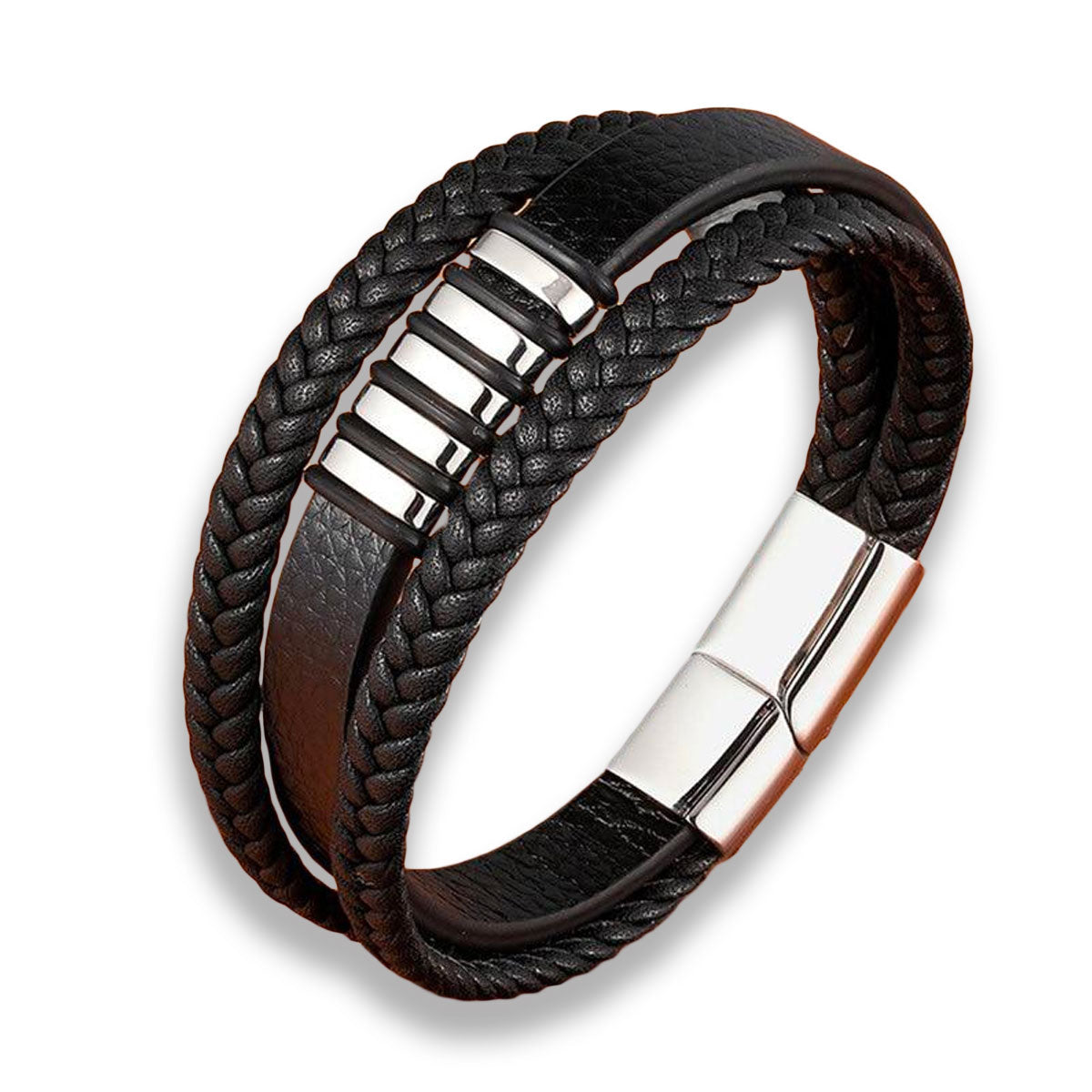 Men's Braided Leather Bracelet with Metal Accents