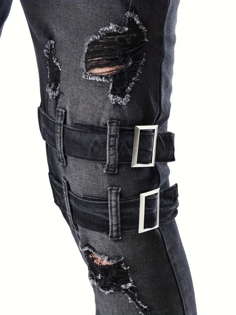 Men's Casual Biker Jeans in Denim with Quilted Details