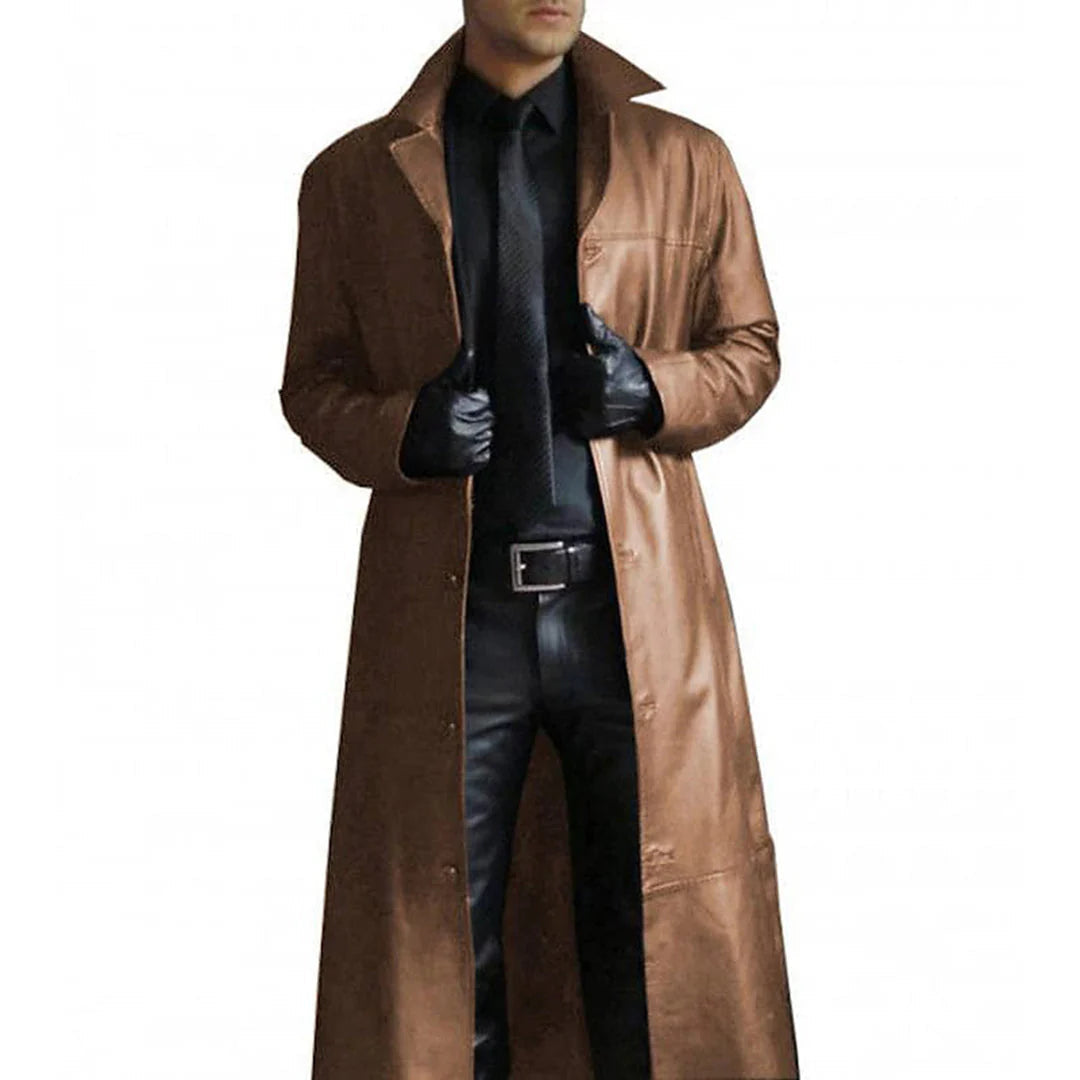 Men's Long Faux Leather Winter Coat