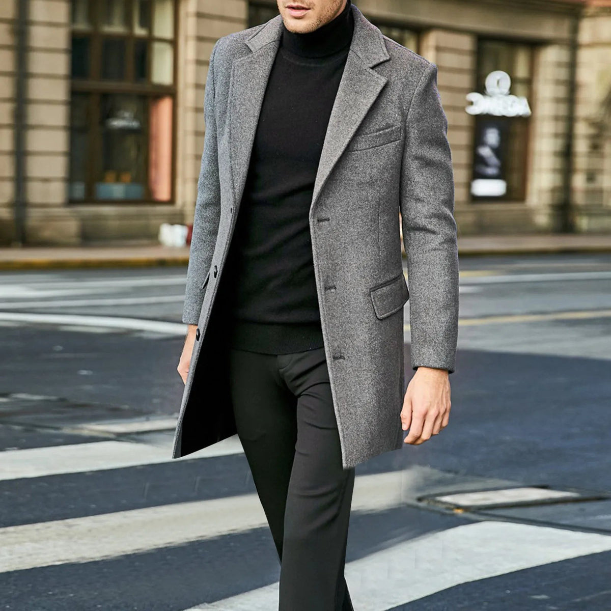 Men's Mid-Length Notched Lapel Overcoat