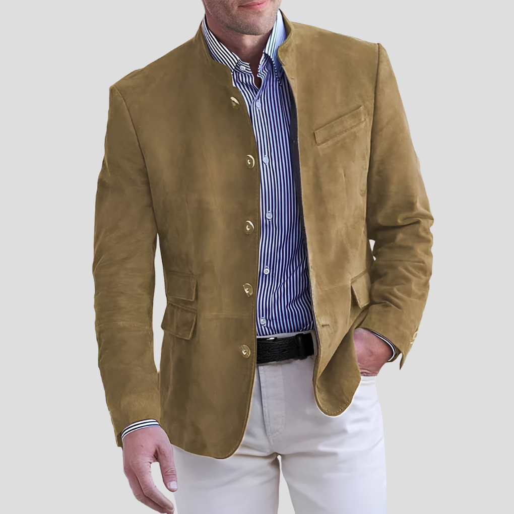 Men's suede blazer with mandarin collar