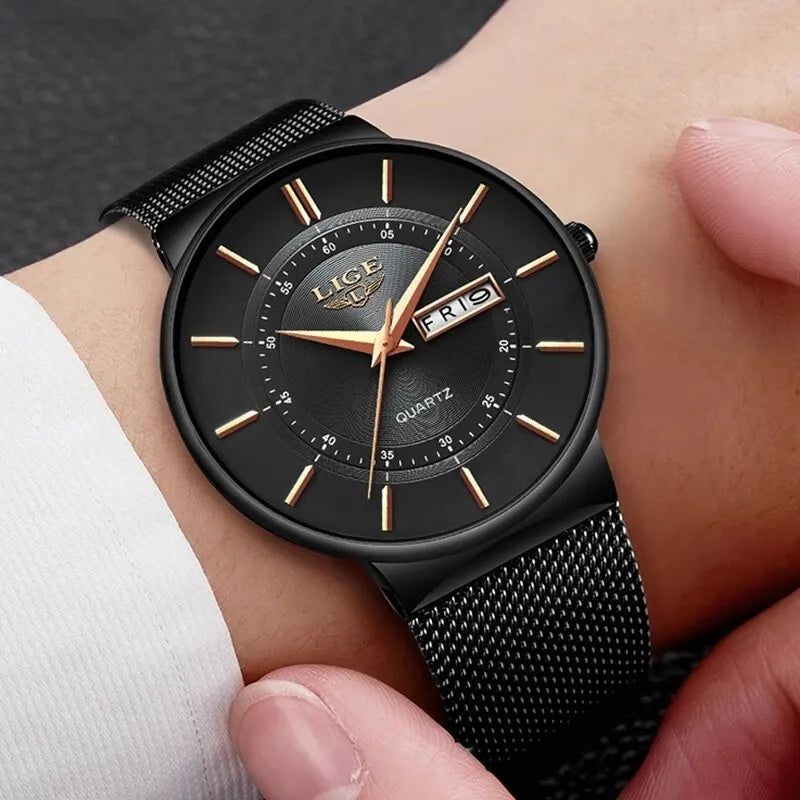 Men's Ultra-Thin Waterproof Stainless Steel Quartz Watch with Date Display