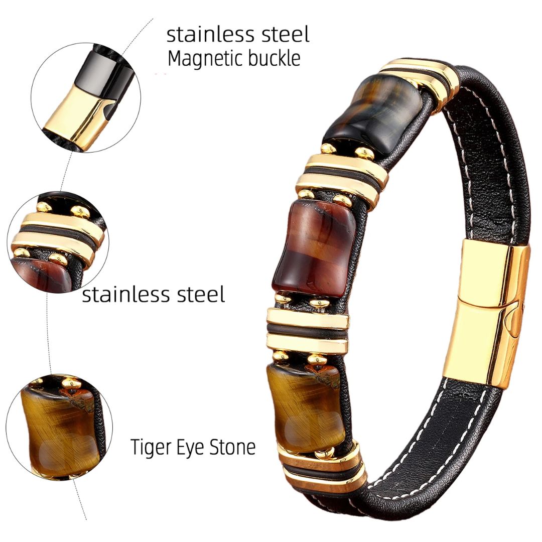 Natural Tiger's Eye Stone Leather Bracelet