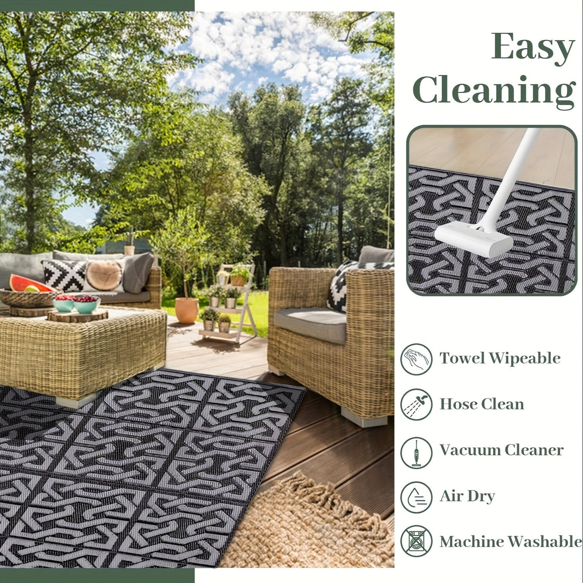 Reversible Outdoor Rug | Modern Patio Mat in Black and Grey