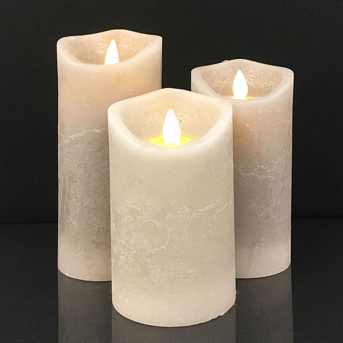 Rustic LED Pillar Candles Set of 3 with 3D Flame - 10/12.5/15 cm - Multiple Colors