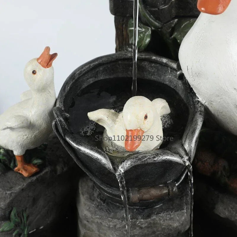 Solar Decorative Fountain Duck & Squirrel Garden Statue with LED Light in Weatherproof Resin for Patio & Balcony