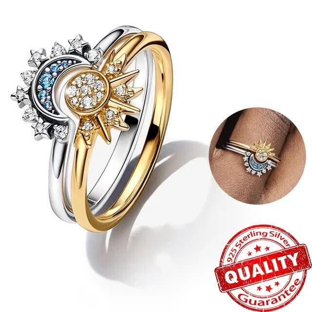 Sparkling Silver Crystal Ring - 925 Silver Ring with Moon & Sun Design