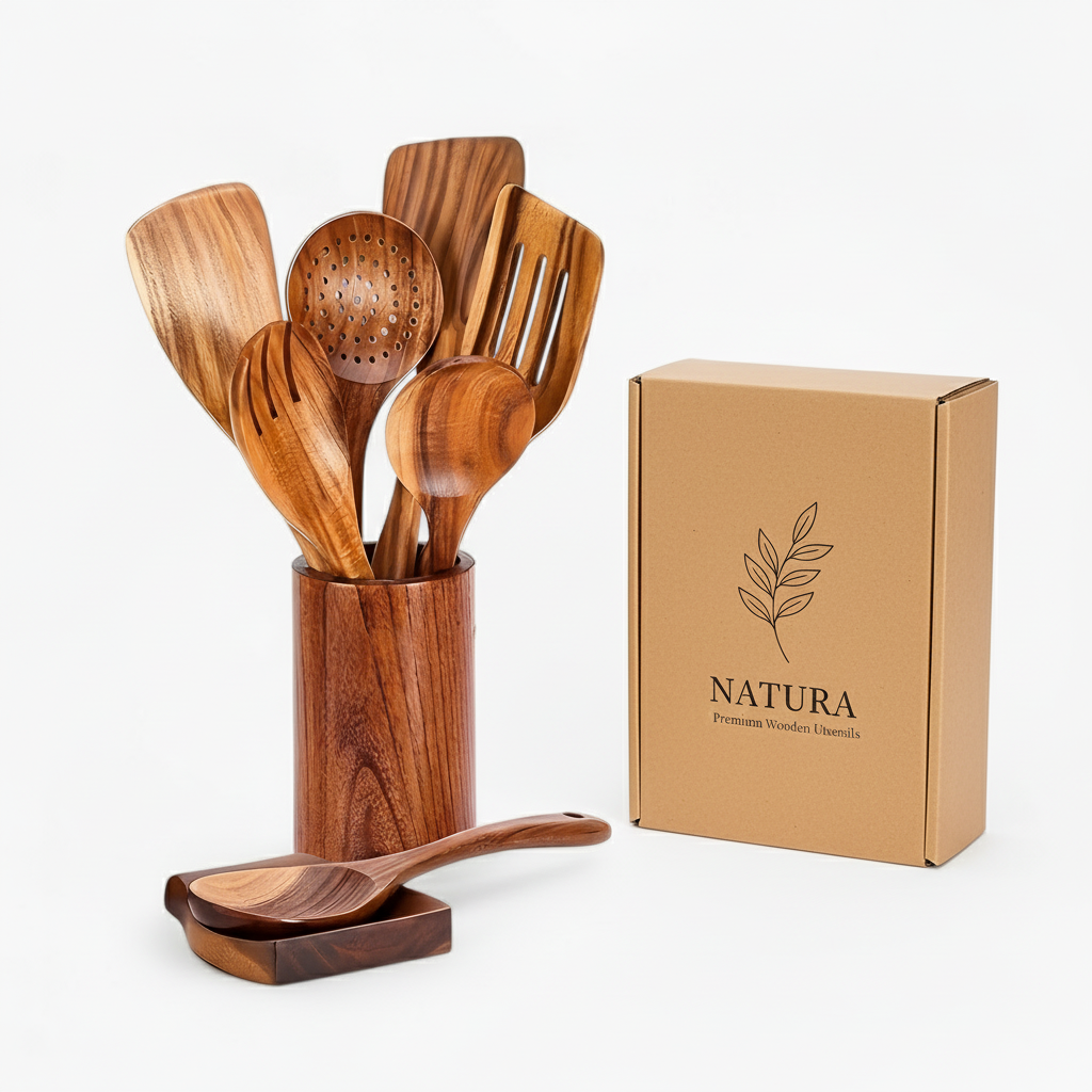 Teak Kitchen Utensil Set with Holder – 9 Pieces