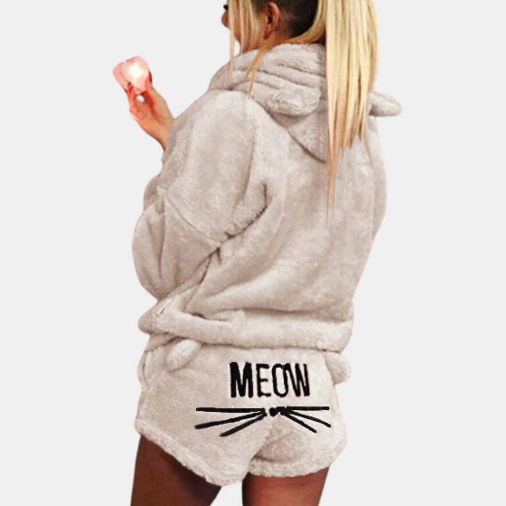 Ultra-Comfortable Fleece Lounge Pyjama Set with Cat Details