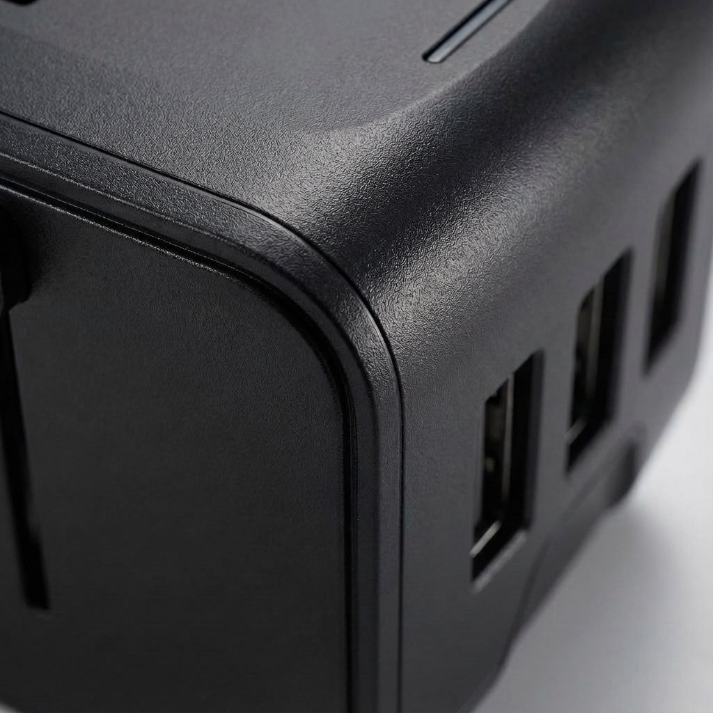 Universal travel adapter with two USB ports and a power outlet for worldwide use – compact multi-device charger