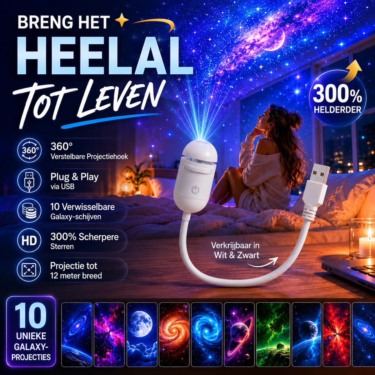 USB Star Projector: HD Starry Sky & Ocean Wave