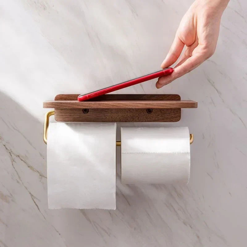 Wall-Mounted Toilet Paper Holder with Walnut Wood Shelf - Brown Finish