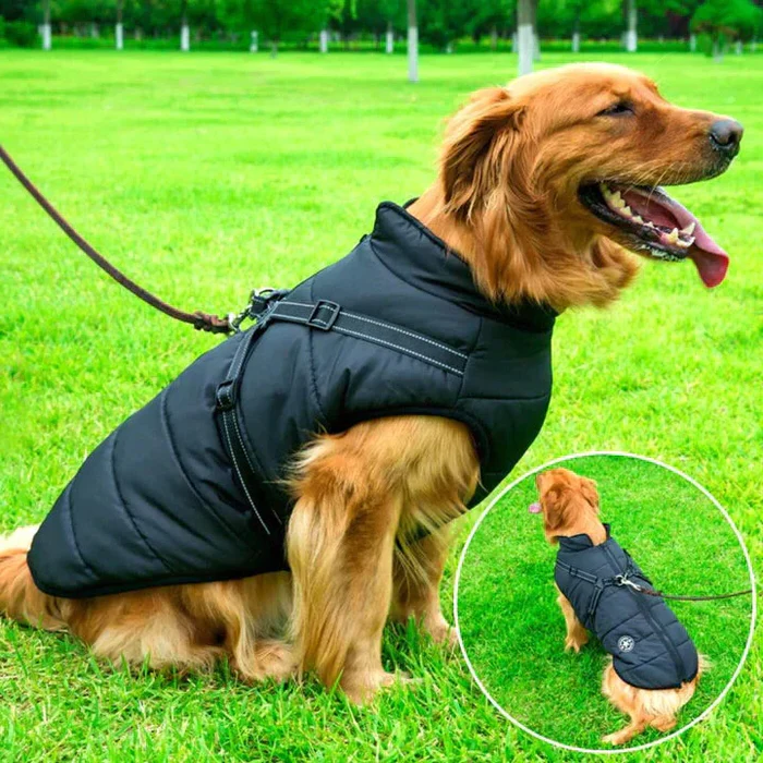 Waterproof Dog Winter Jacket - Lined with Sherpa Fleece - Integrated Harness - Ideal for Cold Weather