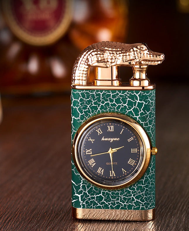 Windproof Blue Flame Metal Stamped Lighter with Quartz Watch and Alligator Head
