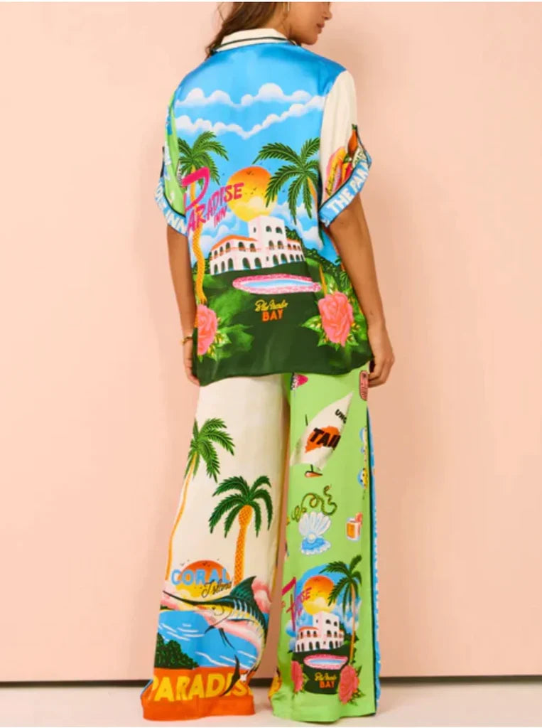 Women's 2-Piece Printed Shirt and Wide-Leg Trousers Set
