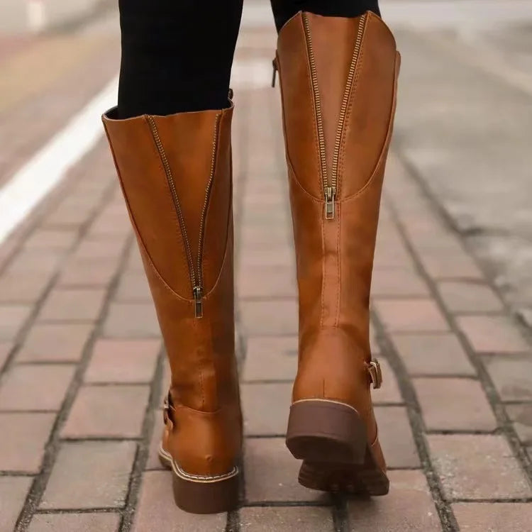 Women's Block Heel Boots - Knee-High Pull-On Boots