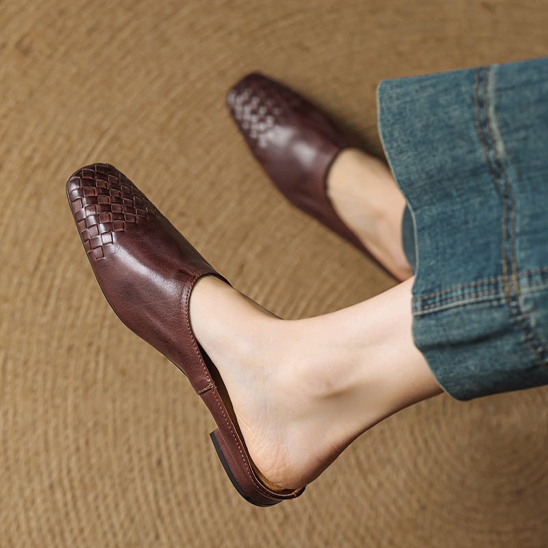 Women's Genuine Leather Woven Square-Toe Mules