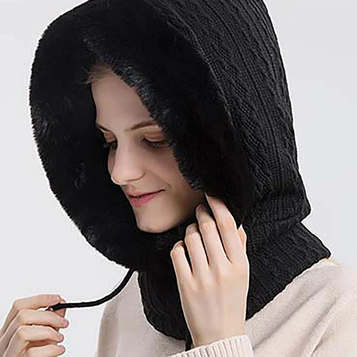 Women's Knit Fur-Trimmed Hooded Beanie with Face Cover