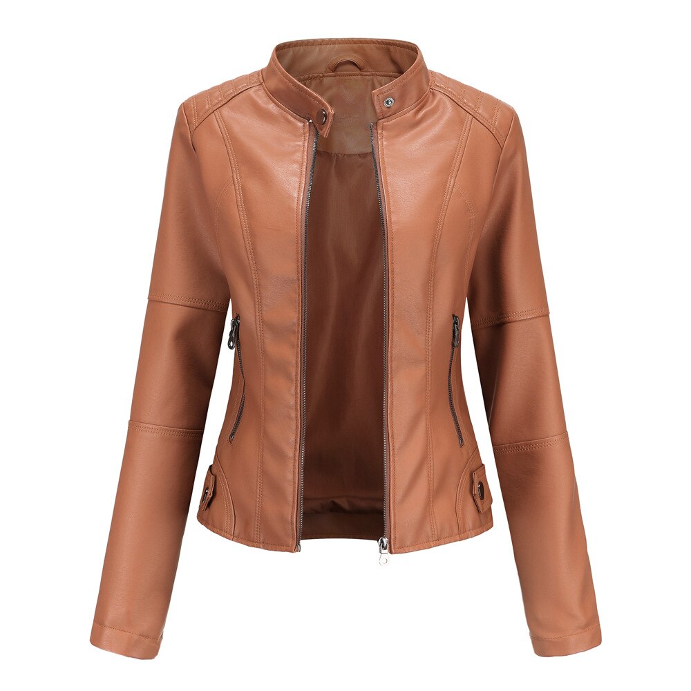 Women's Leather Jacket with Mandarin Collar