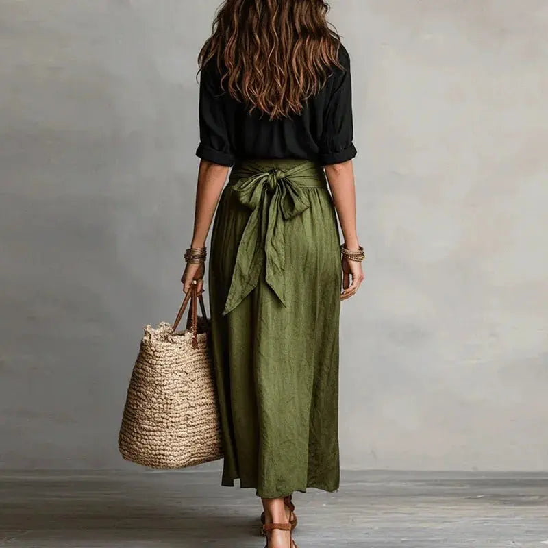 Women's Linen Co-Ord Set Button-Down Top & Midi Skirt