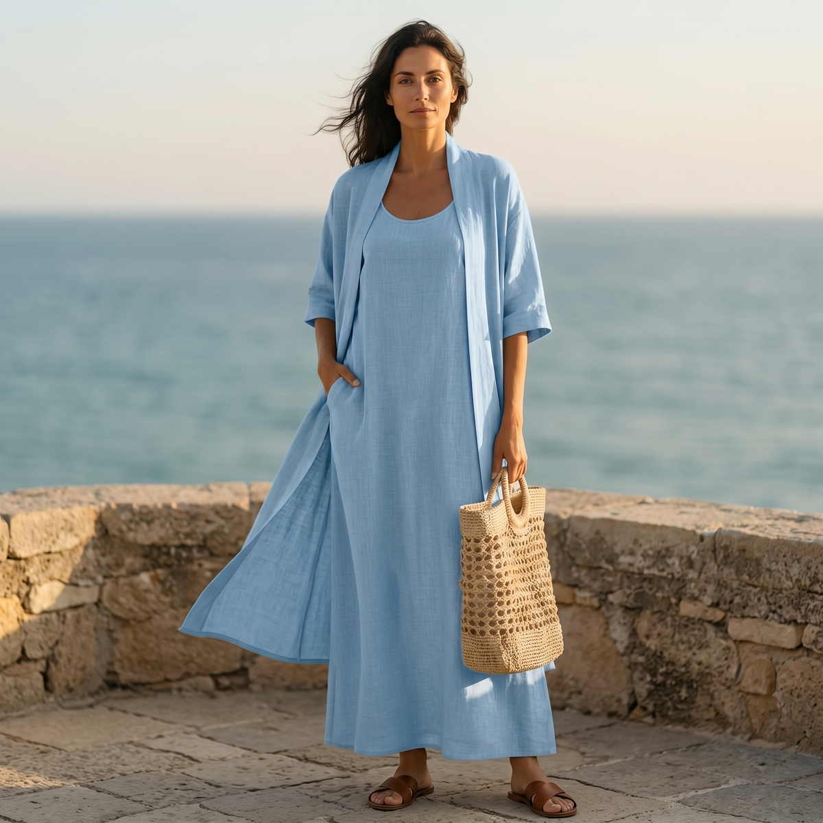 Women's Linen-Cotton Two-Piece Set with Duster Cardigan