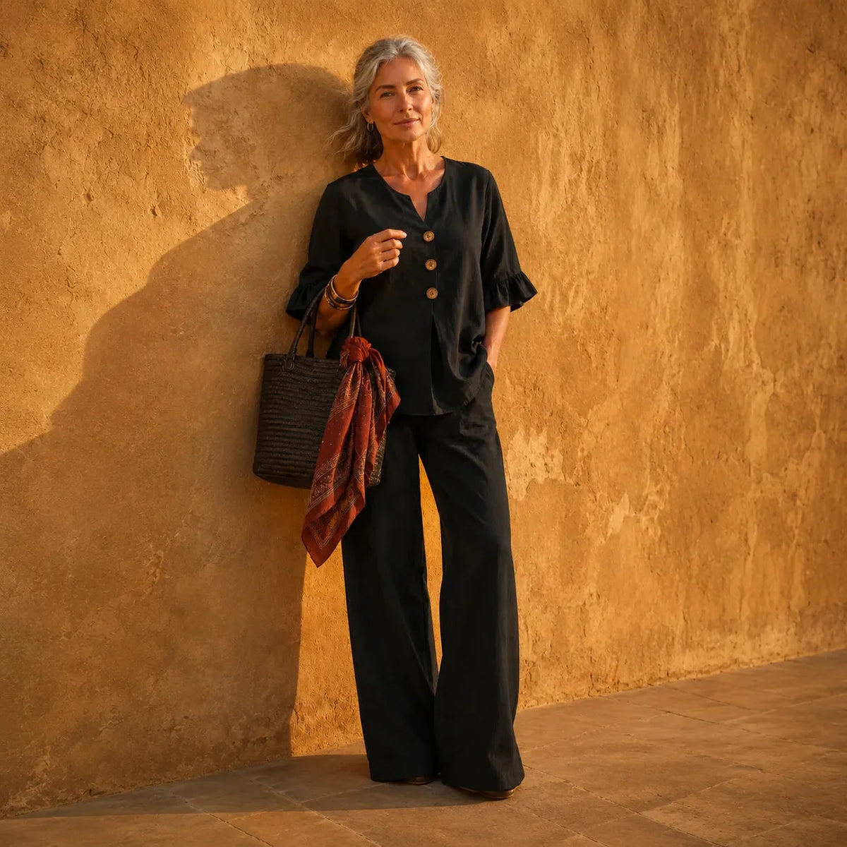 Women's Linen-Look 2-Piece Set with Ruffle-Cuff Top and Wide-Leg Trousers