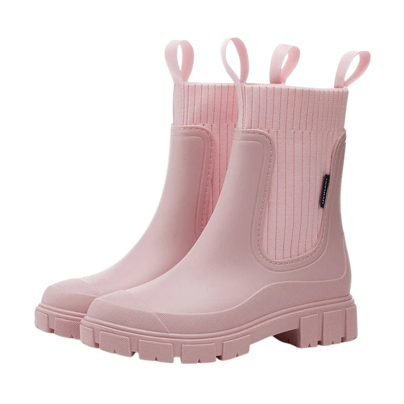 Women's Mid-Calf Chelsea Boots – Slip-On Lug-Sole Rain Boots with Elastic Gores