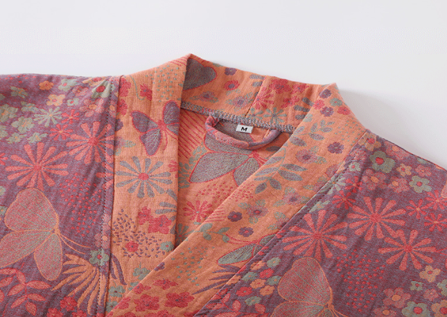 Women's Organic Cotton Kimono Bathrobe with Botanical Pattern