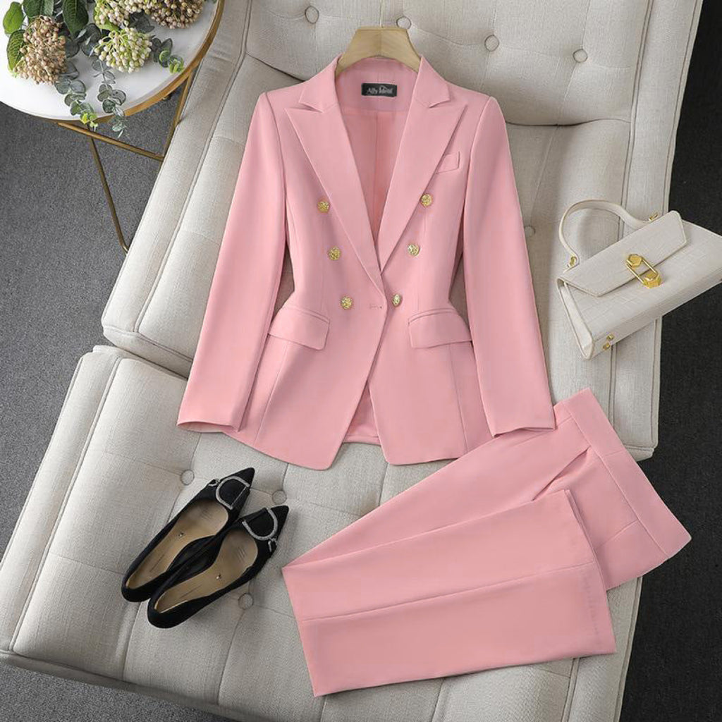 Women's Professional Two-Piece Suit with Lapel Jacket and Slim Fit Trousers