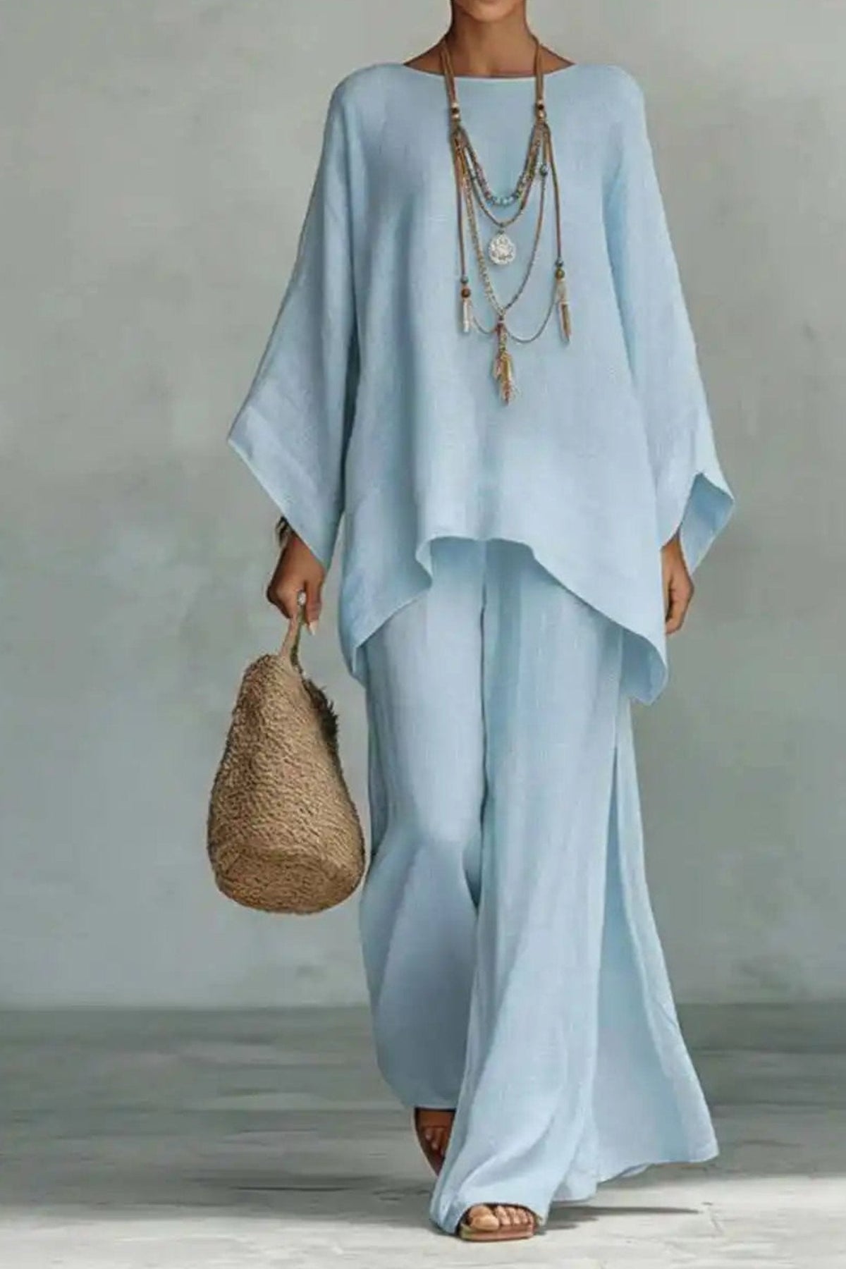 Women's Relaxed Batwing-Sleeve Linen Wide-Leg Pants Two-Piece Set