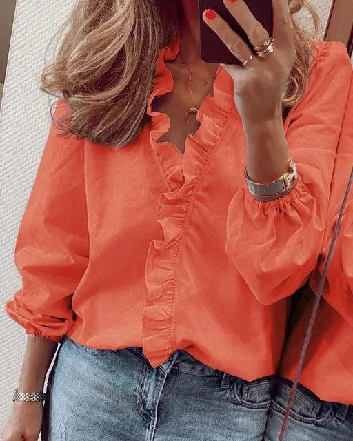 Women's Ruffle V-Neck Long Sleeve Blouse