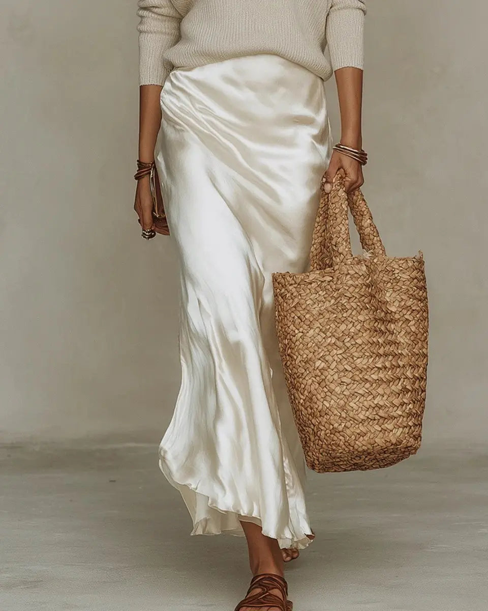 Women's Satin Midi Dress and Layered Long Sleeve Knit Jumper Set