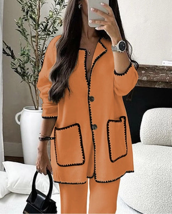 Women's Two-Piece Wool Blend Loose Fit Set with Contrast Trim and Patch Pockets