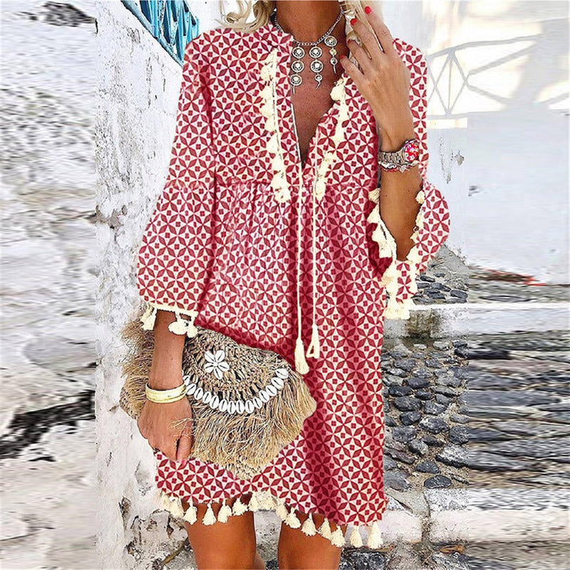 Women's V-Neck Boho Mini Dress