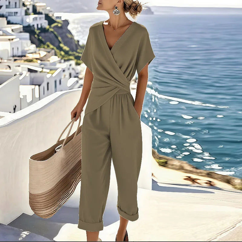Women's V-Neck Two-Piece Jumpsuit Set