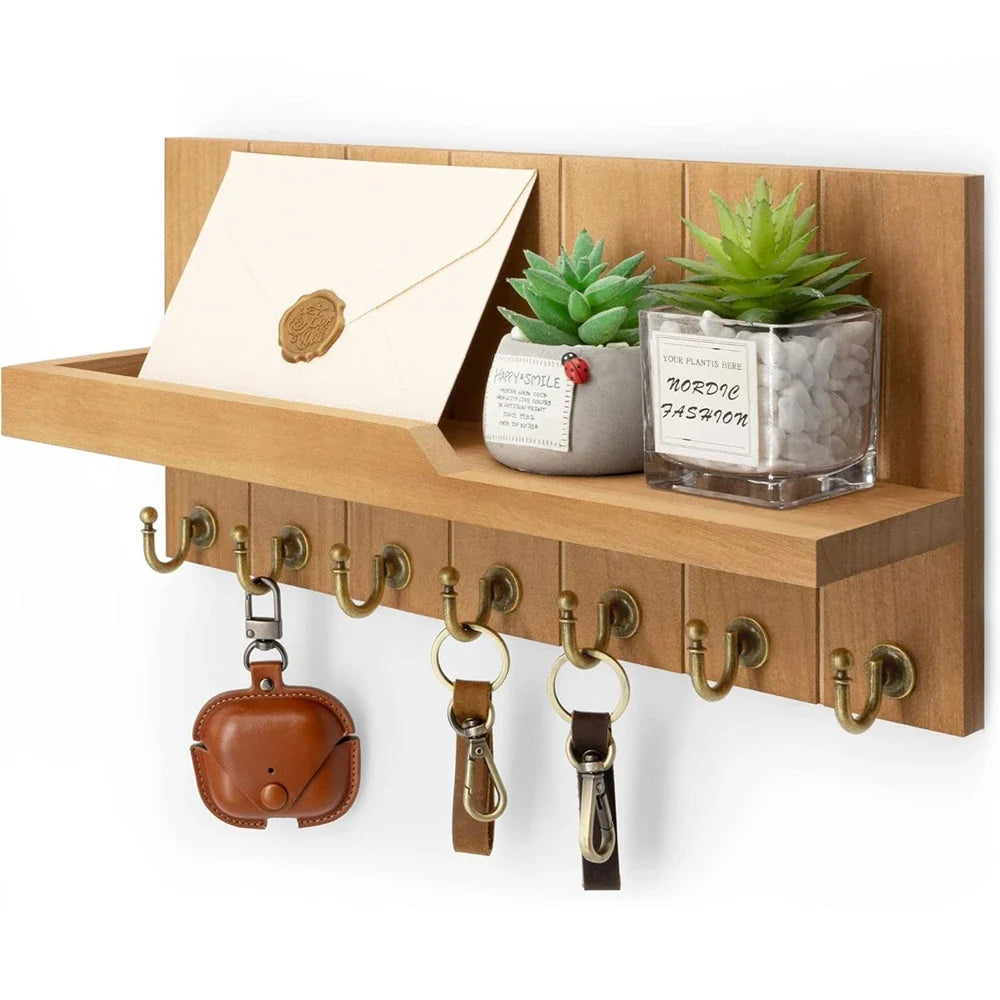 Wooden Key Holder with Shelf - Stylish Wall-Mounted Solution for Keys and Mail