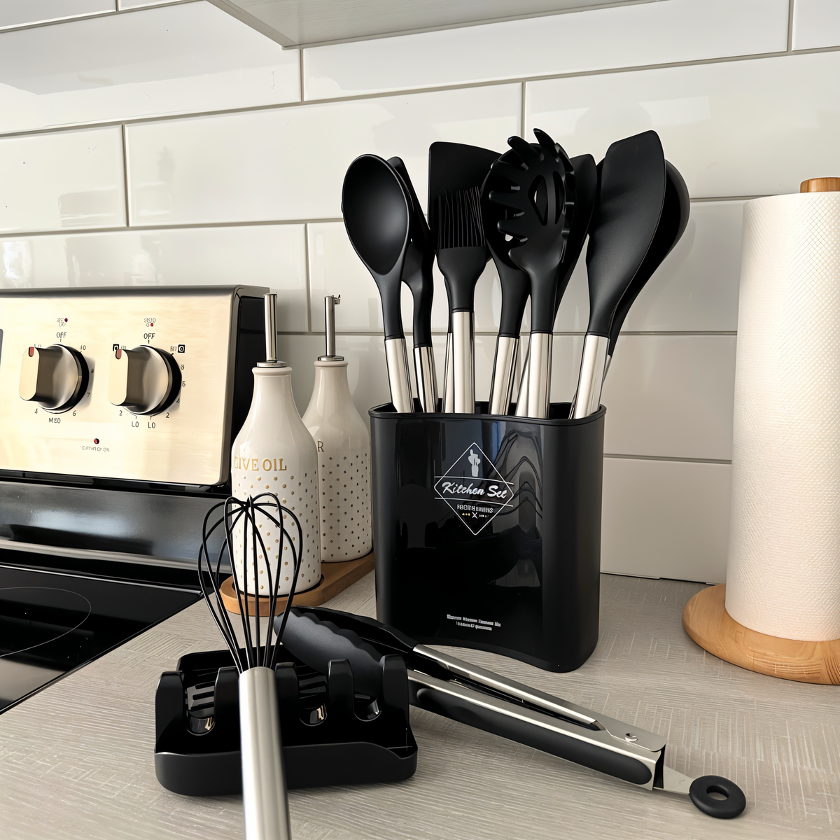 12-Piece Silicone and Stainless Steel Kitchen Utensil Set with Holder