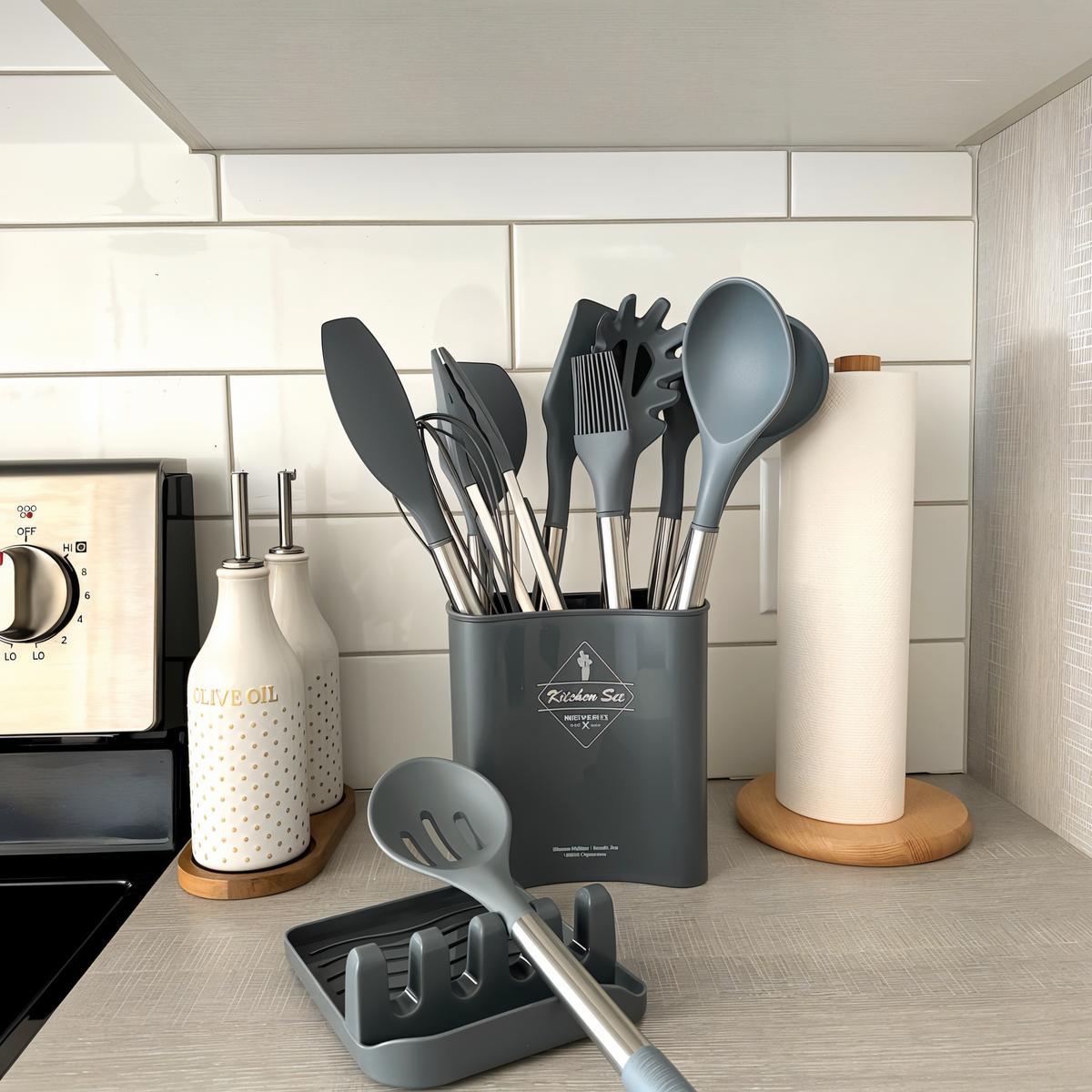 12-Piece Silicone and Stainless Steel Kitchen Utensil Set with Holder
